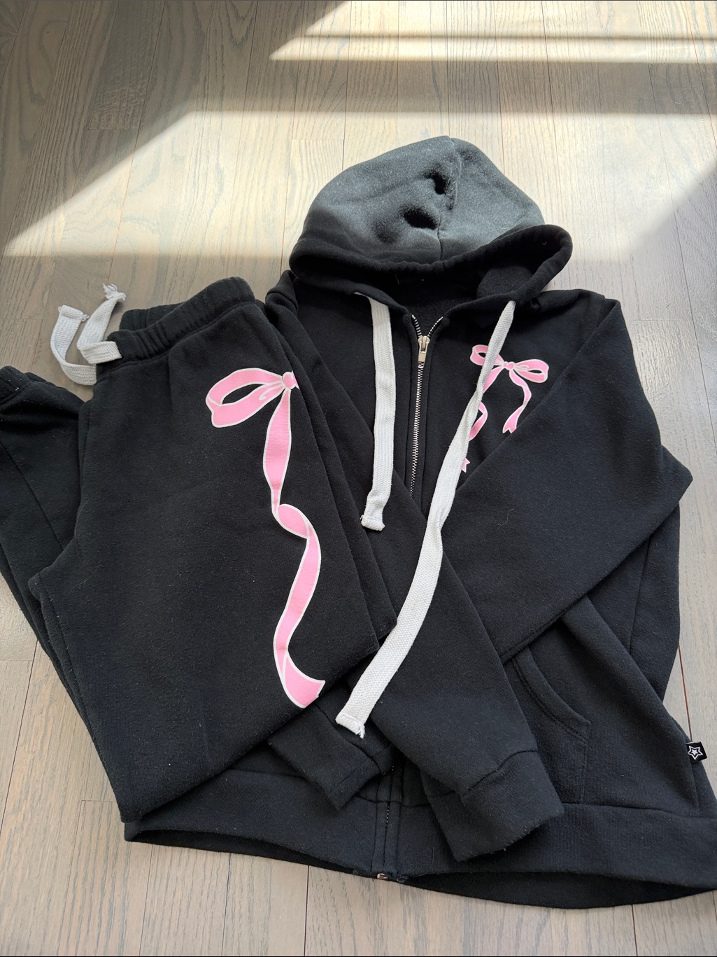 Black Zip Hoodie & Sweatpants Set With Pink Ribbon Graphics, Pixielane 11/12 Set